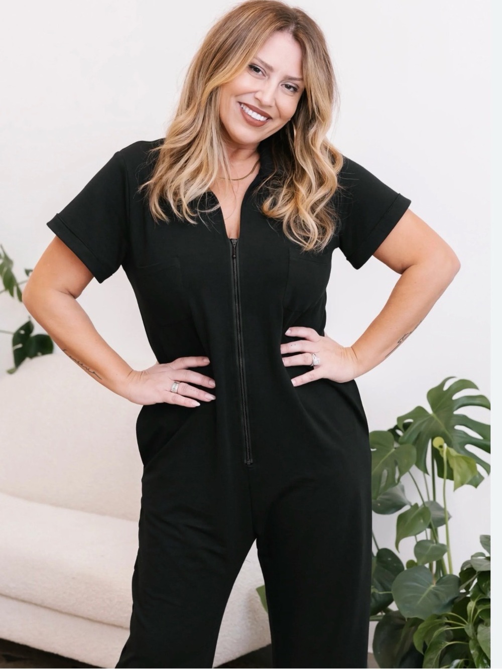 Smash + Tess Black Short-Sleeve Zip Jumpsuit, S